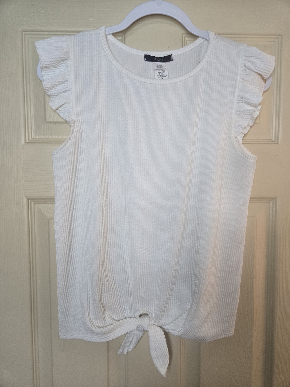 White Textured Tie-Hem Tank with Flutter Shoulders